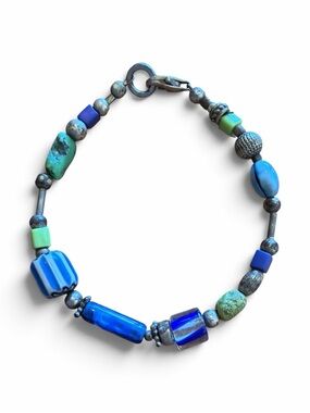 Bohemian Artisan Crafted Blue and Green Glass Bead Bracelet with Silver Accents